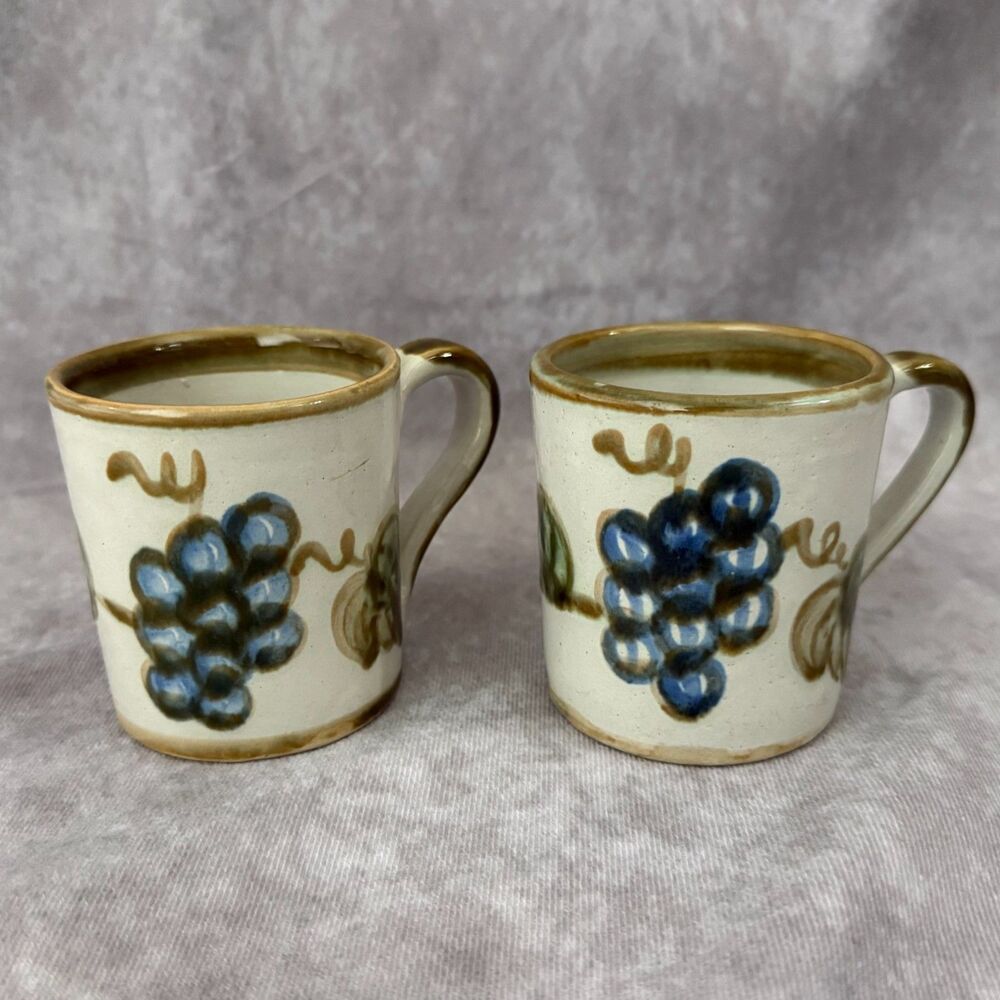 Vintage John B Taylor pottery mugs set of 2 blue grape cluster Stoneware USA